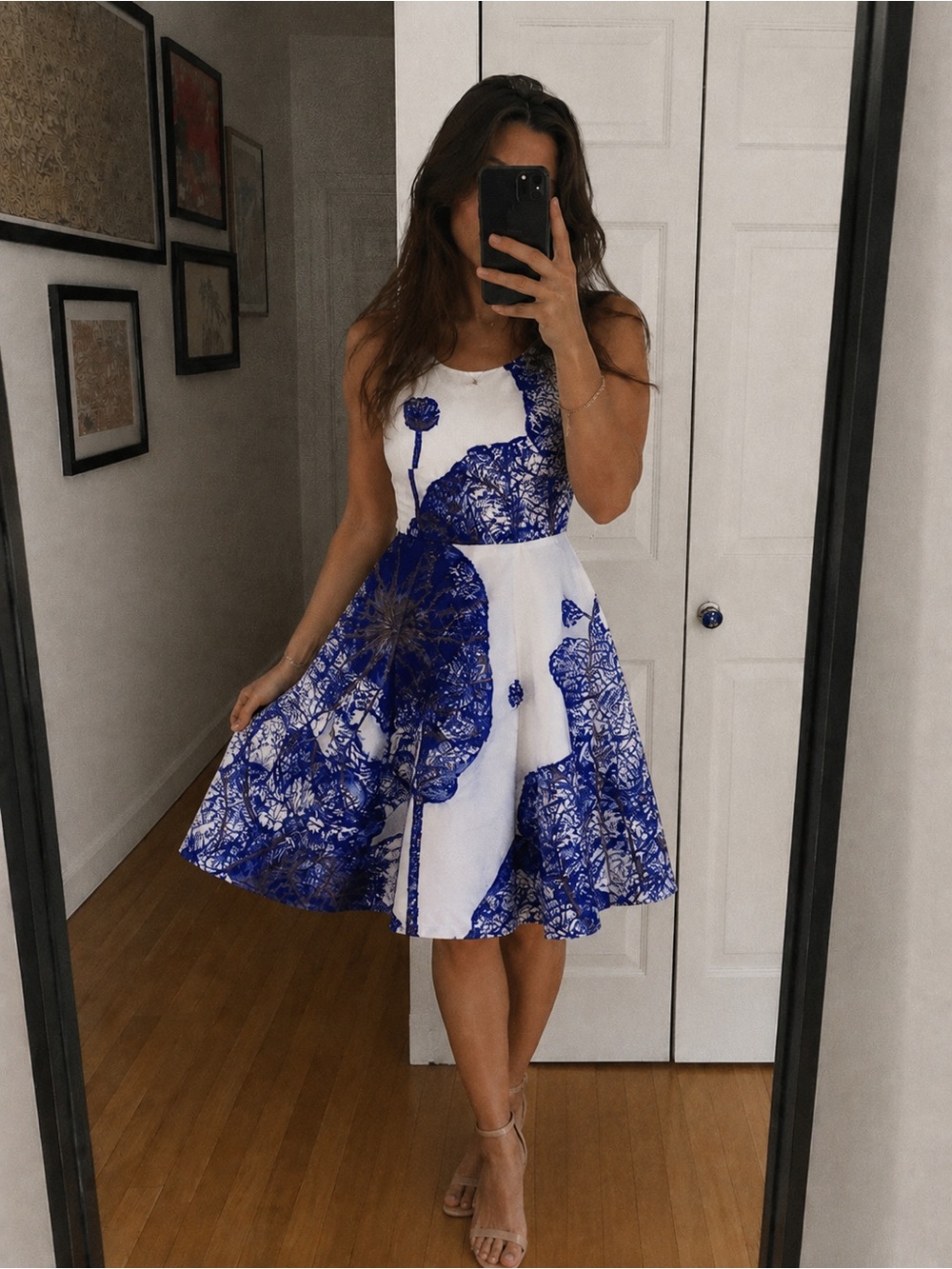 White & Blue Floral Fit-and-Flare Dress